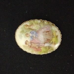 Vintage Fragonard Gold Tone Porcelain Courting Couple Scarf Slide Clip